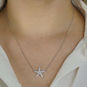 Beyaz Zirkon Taşlı Deniz Yıldızı Gümüş Kolye