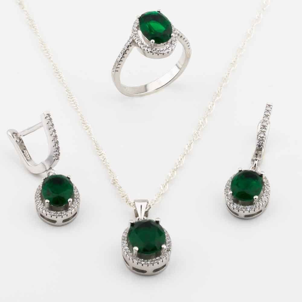 925 Ayar Gümüş Yeşil Zirkon Taşlı  Yuvarlak Model Bayan Set