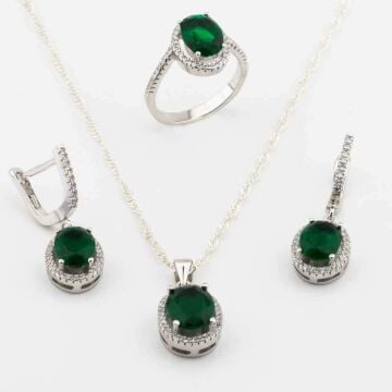 925 Ayar Gümüş Yeşil Zirkon Taşlı  Yuvarlak Model Bayan Set