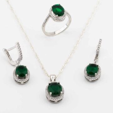 925 Ayar Gümüş Yeşil Zirkon Taşlı  Yuvarlak Model Bayan Set