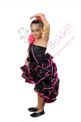 Siyah Renk Fırfırlı Dans Kostümü, Kız Çocuk Dans Kıyafeti, Hızlı Kargo