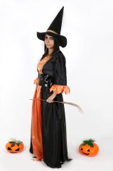 Turuncu - Siyah Renk Cadı Kostüm, Cadı Kostüm Takımı, Cadılar Bayramı Cadı Kıyafeti, Hızlı Kargo