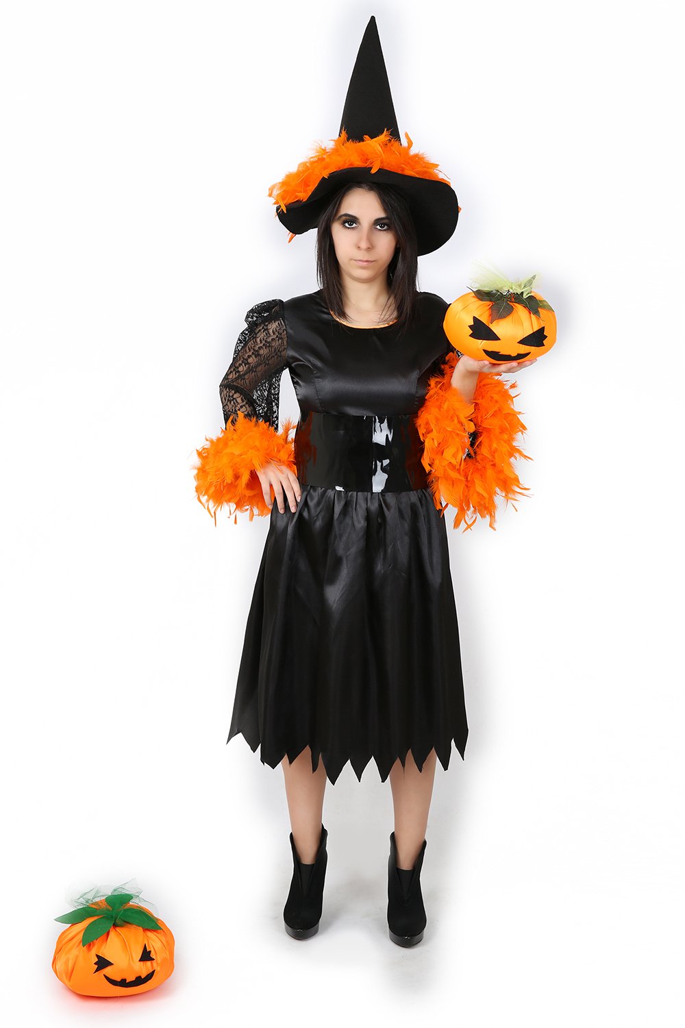 Turuncu Tüylü Cadı Kostüm, Cadı Kostüm Takımı, Cadılar Bayramı Cadı Kıyafeti, Hızlı Kargo