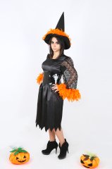 Turuncu Tüylü Cadı Kostüm, Cadı Kostüm Takımı, Cadılar Bayramı Cadı Kıyafeti, Hızlı Kargo
