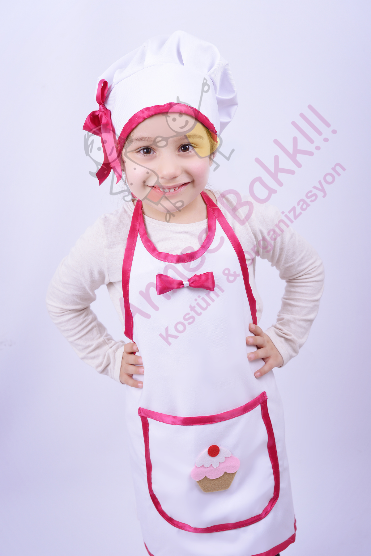 Pembe Renk Çocuk Aşçı Önlüğü, Aşçı Çocuk Kostümü, Çocuk Meslek Kostümleri