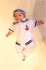 Denizci Bebek Kostümü, Beyaz Renk Mavi Çizgi Detay Denizci Kıyafeti, Hızlı Kargo