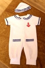 Denizci Bebek Kostümü, Beyaz Renk Mavi Çizgi Detay Denizci Kıyafeti, Hızlı Kargo