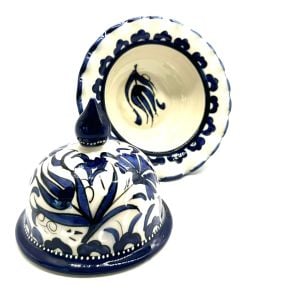 Oğuz çini Dekoratif Ev Süsü Şık 15cm Mavi Beyaz Ayaklı Şekerlik