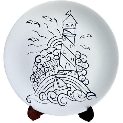 Boyanabilir Deniz Feneri Desenli Tahrirli Çini Bisküvi Tabak