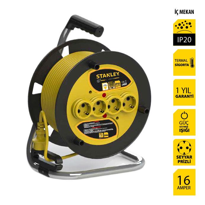 Stanley ST-E-2515 Makaralı Kablo 25 Mt, 3x1.5mm, 4 Prizli, IP20