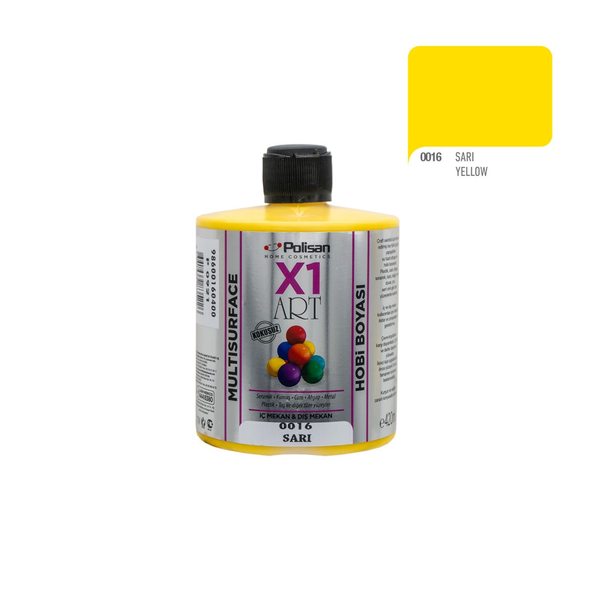 Polisan X1ART Multisurface Hobi Boyası 420ml - 0016 Sarı