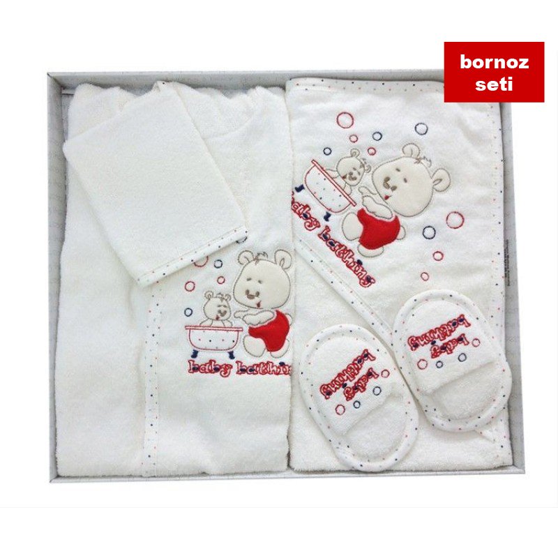 Bebitof - 3097 Sweet Bears Bebek Bornoz Seti - Kırmızı