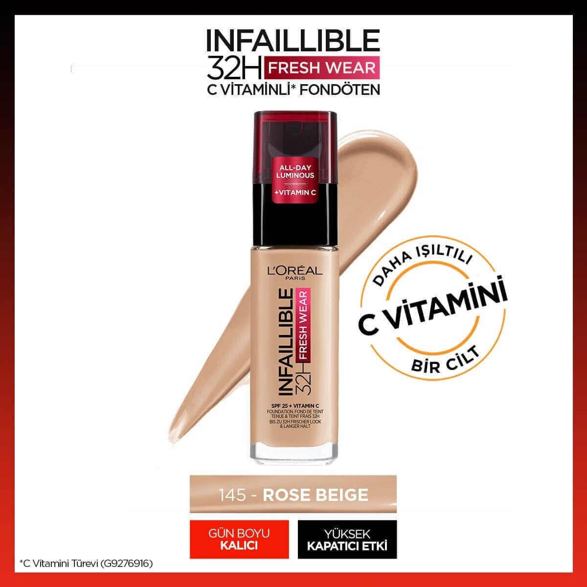 L'Oreal Paris Infaillible 32H Fresh Wear C Vitaminli Fondöten 145 Rose Beige