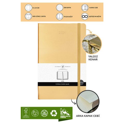 Victoria\'s Journals Classic 2024 Sert Kapak Günlük Ajanda 9x14 Altın 123-9193