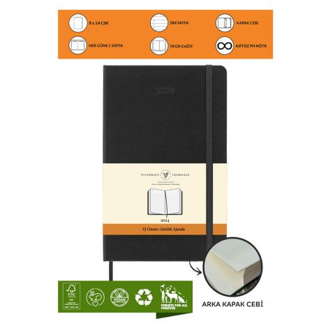 Victoria\'s Journals Classic 2024 Sert Kapak Günlük Ajanda 9x14 Siyah 123-9185