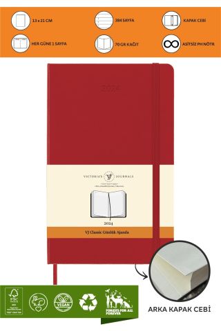 Victoria\'s Journals Classic 2024 Sert Kapak Günlük Ajanda 9x14 Kırmızı 123-9171