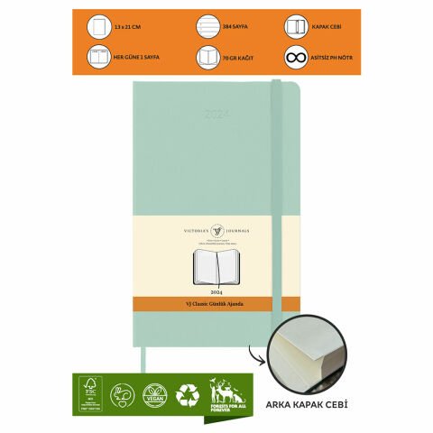 Victoria's Journals Classic 2024 Sert Kapak Günlük Ajanda Açık Mavi 13x21 123-9174
