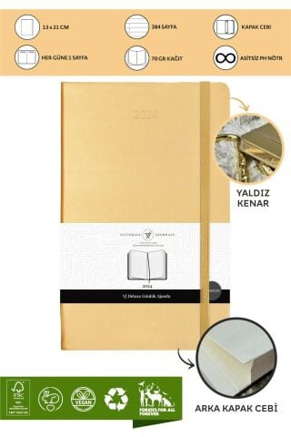 Victoria\'s Journals Classic 2024 Sert Kapak Günlük Ajanda 13x21 Altın 123-9177