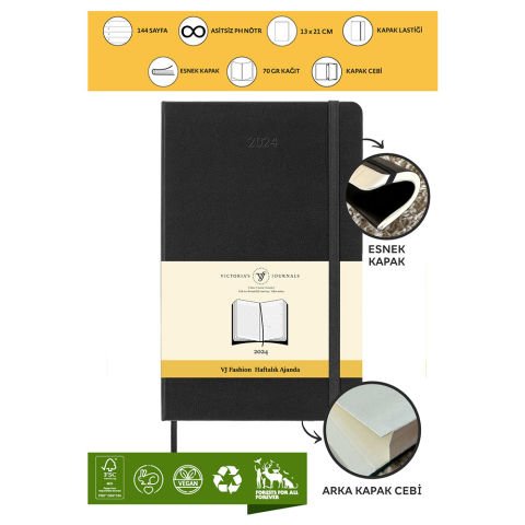 Victoria\'s Journals Classic 2024 Esnek Kapak Günlük Ajanda 13x21 Siyah 123-9163