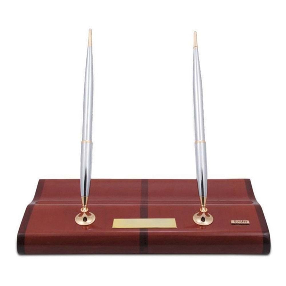 Scrikss Masa Takımı Parlak Sapeli Ağacı Dolmakalem + Tükenmez Gold Krom