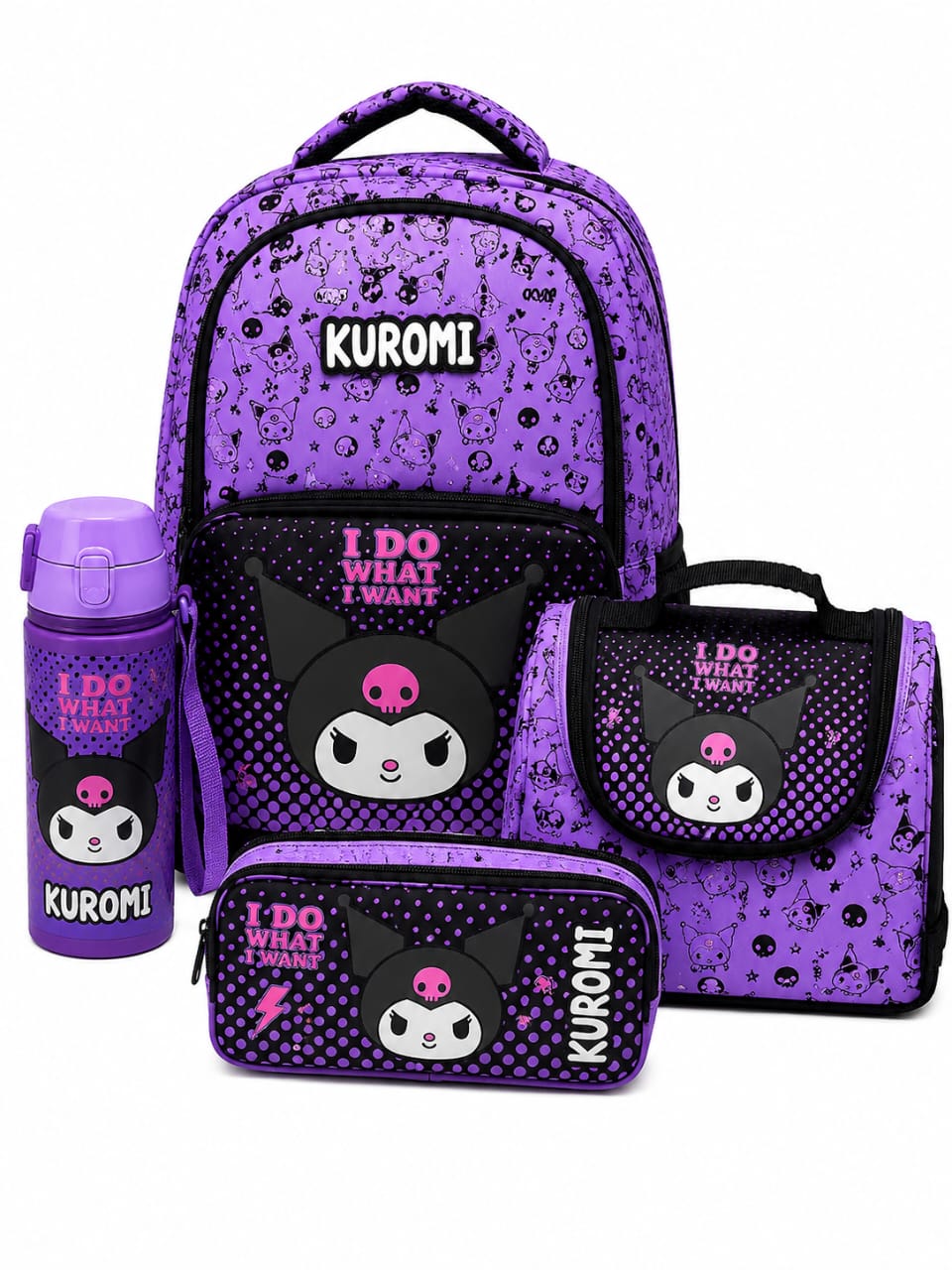 Kuromi 4’lü Okul Çanta Seti | Sırt Çantası - Beslenme Çantası - Kalemlik - 600 ML Matara