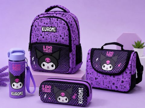Kuromi 4’lü Okul Çanta Seti | Sırt Çantası - Beslenme Çantası - Kalemlik - 600 ML Matara