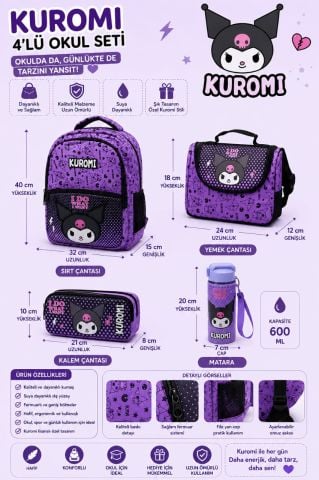 Kuromi 4’lü Okul Çanta Seti | Sırt Çantası - Beslenme Çantası - Kalemlik - 600 ML Matara