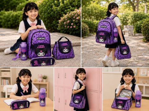 Kuromi 4’lü Okul Çanta Seti | Sırt Çantası - Beslenme Çantası - Kalemlik - 600 ML Matara
