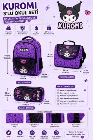 Kuromi 3’lü Okul Çanta Seti | Sırt Çantası - Beslenme Çantası - Kalemlik