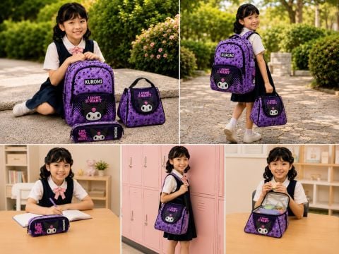 Kuromi 3’lü Okul Çanta Seti | Sırt Çantası - Beslenme Çantası - Kalemlik