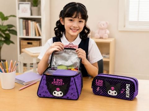 Kuromi 2’li Okul Seti Beslenme Çantası ve Kalem Kutusu Mor