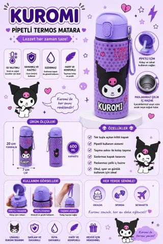 Kuromi Pipetli Paslanmaz Çelik Termos Matara 600 ml Mor