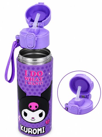 Kuromi Pipetli Paslanmaz Çelik Termos Matara 600 ml Mor