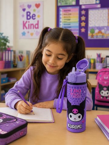 Kuromi Pipetli Paslanmaz Çelik Termos Matara 600 ml Mor