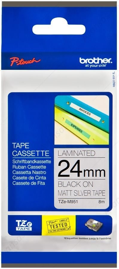 Brother TZ-Tape 24 mm Mat Gümüş Üzerine Siyah Laminant 24TZM951