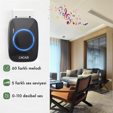 Kablosuz Uzaktan Kumandalı Kapı Zili Led Melodili 300 Metre Cacazi
