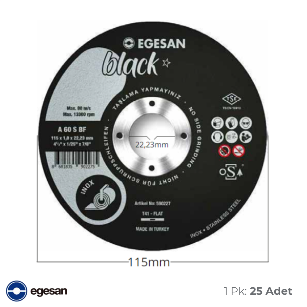 Egesan İnox Black Metal Kesici Taş Diski 115x1x22,23mm 25'li Paket