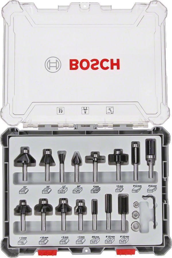 Bosch - Profesyonel 15 Parça Karışık Freze Ucu Seti 8 mm Şaftlı