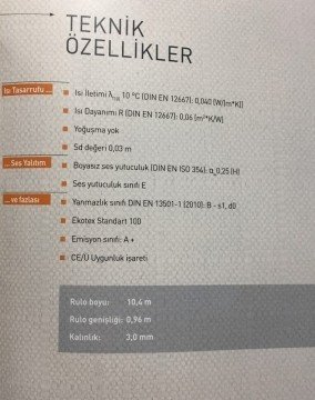 vitrulan akustik -Active Acous termal 904-ses yalıtımı-ısı yalıtımı-Boyu:10,4 m Genişliği:096 m.toplam rulo.998.4 mkr( Kalınlık: 3,0 mm
