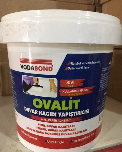 ovalit duvar kağıdı yapıştırıcısı-yerli-sıvı-beyaz-tekstil-vinil-cam tekstil-ağır vinil-ıslak zemin-banyo-mutfak-vodabont-ovalit-rutubet-güçlü-(Net 750 gr