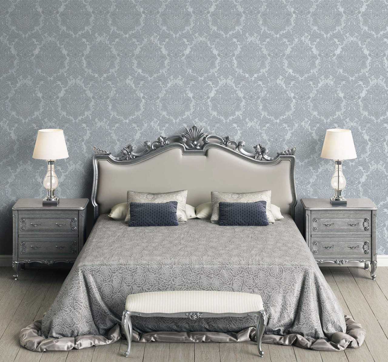 Seven mavi  7807-2-damask desenli-mavi renkli-dokulu-fon