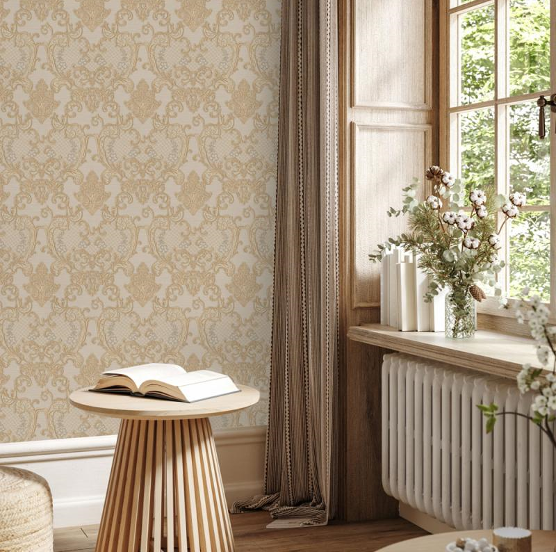 Denta-1411-4-Damask-koyu krem -desenli-simli-( 10,6 m2)-( Kargo ücretini Alıcı öder