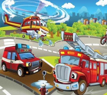 Arabalı çocuk-bebek odası Moneta duvar posteri M958-3-kırmızı-helikopter-itfaiye-ambulans-(Vol-2 (Eni: 315 cm x Boyu: 280 cm Ölçü Standart) 8.82 M2 (kaplar