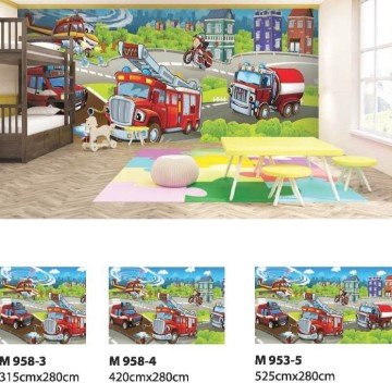 Arabalı çocuk-bebek odası Moneta duvar posteri M958-3-kırmızı-helikopter-itfaiye-ambulans-(Vol-2 (Eni: 315 cm x Boyu: 280 cm Ölçü Standart) 8.82 M2 (kaplar