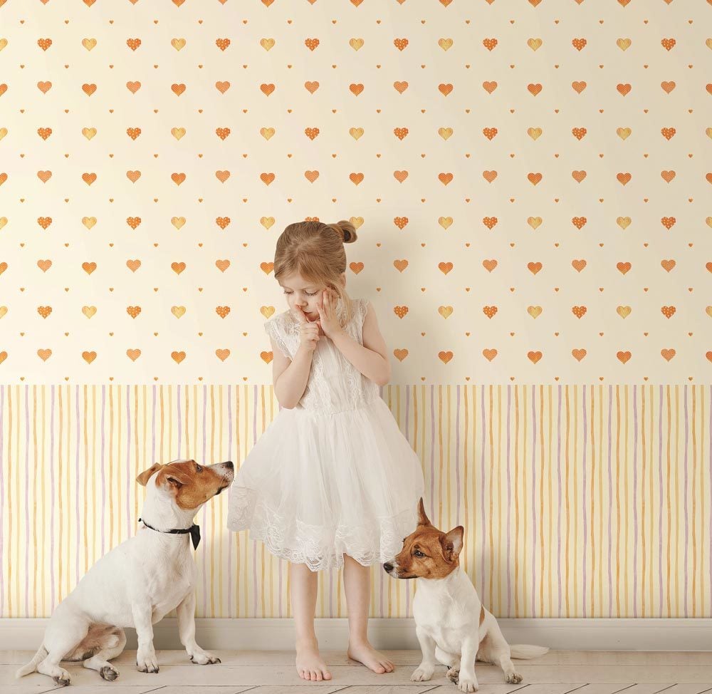 Ada-kids 8905-2-wallpaper collection açık-krem-bej-kalpli-renkli-bebek-çocuk-odası