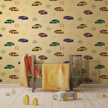 Ada kids 8909-1-wallpaper-collection pattern-8909-1-Arabalı-kırmızı-sarı-yeşil-açık bej-