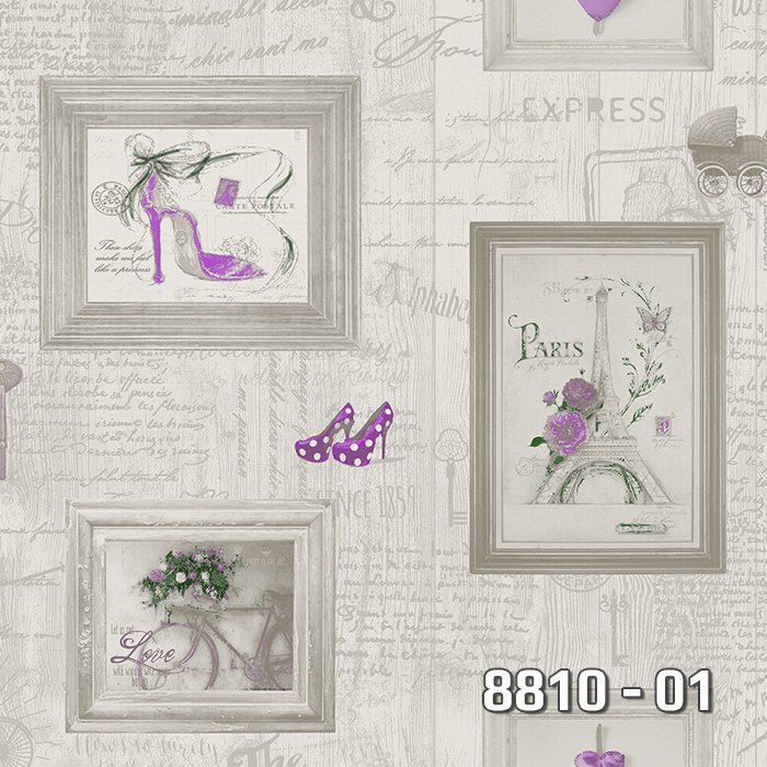 Royal Port 8810-01-Mor-Çerçeve-resimli-yazılı desenli-topuk-ayakkabı-fon