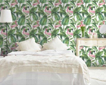 wall-frezya  fr18-0022 yeşil yapraklı kuşlu-pembe kuşlu-desenli-modern-fon-duvar kağıtçım