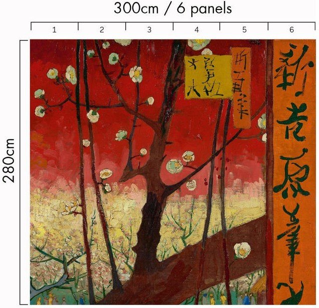 Van Gogh new duvar kağıdı panosu 200327-Yüksek Kalite-Kırmızı-çiçekli-erik-sarı-Pano-6 parçalı-(50 cm-den-Ebatı.300 x 280 cm-Fon-Doğal