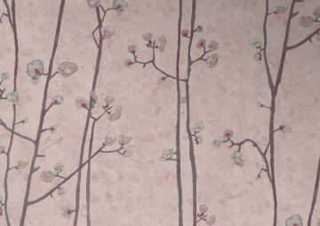 İthal Hollanda BN Van Gogh duvar kağıdı-220021-uçuk pembe-kahve ağaç dallı-yeşil çiçekli-doğal-dokulu-Rulo Ebatı: 10,05 x 0,53 m